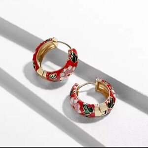 Vintage-inspired red floral boho enamel hoop earrings for pierced ears